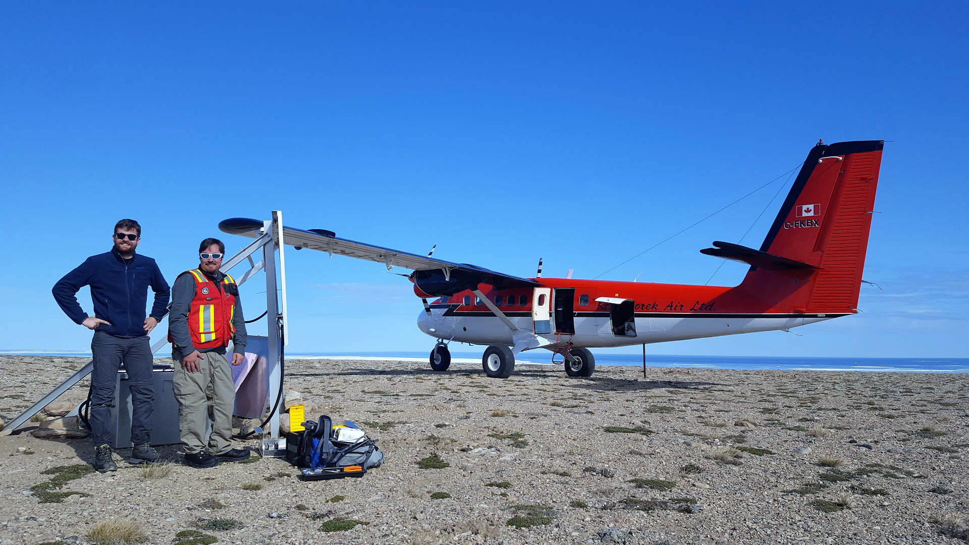 NRCan seismologist Andrew Schaeffer and University of Ottawa PhD student Clement Esteve at Nelson Head, Northwest Territories.